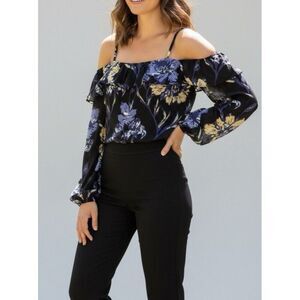 Ramy Brook Cori Floral Print Cold Shoulder Silk Top Women’s Small Black Purple